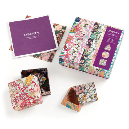 Patchwork with Busyfingers Liberty Origami Treasure Box Kit with floral print paper and instructions.
