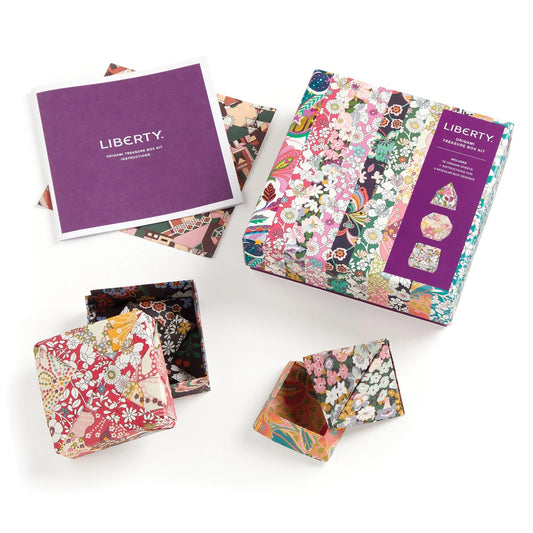 Patchwork with Busyfingers Liberty Origami Treasure Box Kit with floral print paper and instructions.