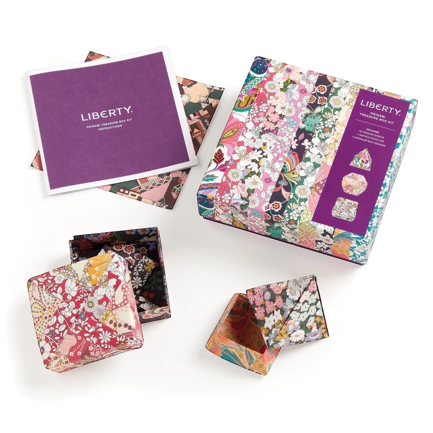 Patchwork with Busyfingers Liberty Origami Treasure Box Kit with floral print paper and instructions.
