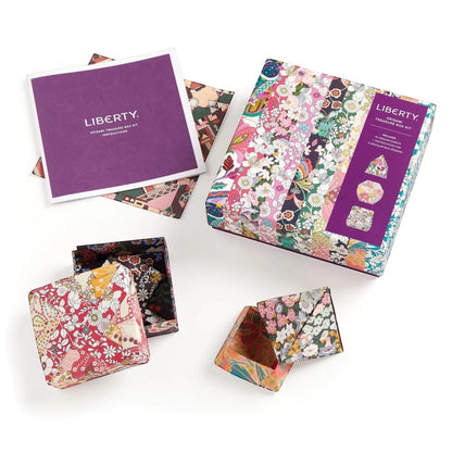 Patchwork with Busyfingers Liberty Origami Treasure Box Kit with floral print paper and instructions.
