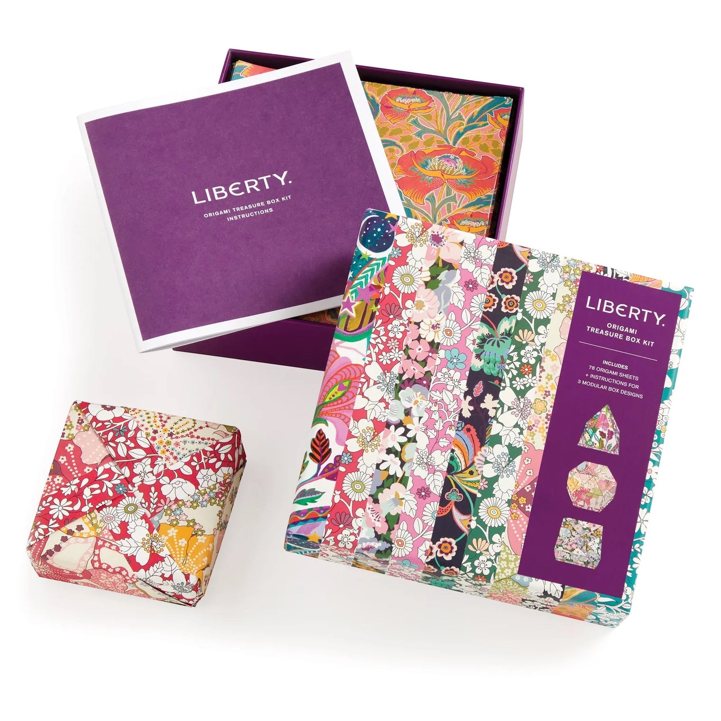 Patchwork with Busyfingers Liberty Origami Treasure Box Kit featuring colourful floral Liberty prints and instructions for making modular boxes.