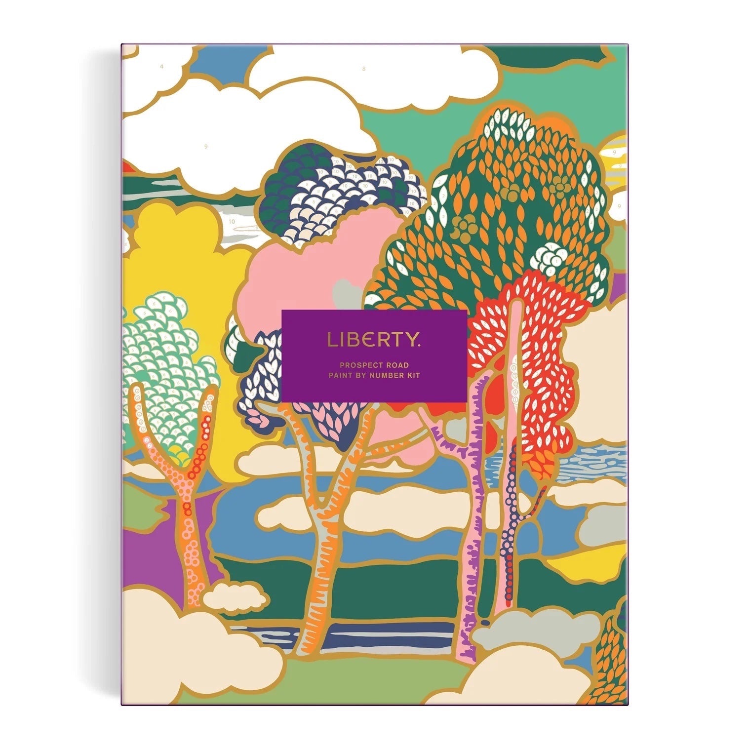 Patchwork with Busyfingers Liberty Prospect Road Paint by Number Kit with vibrant trees and clouds design.