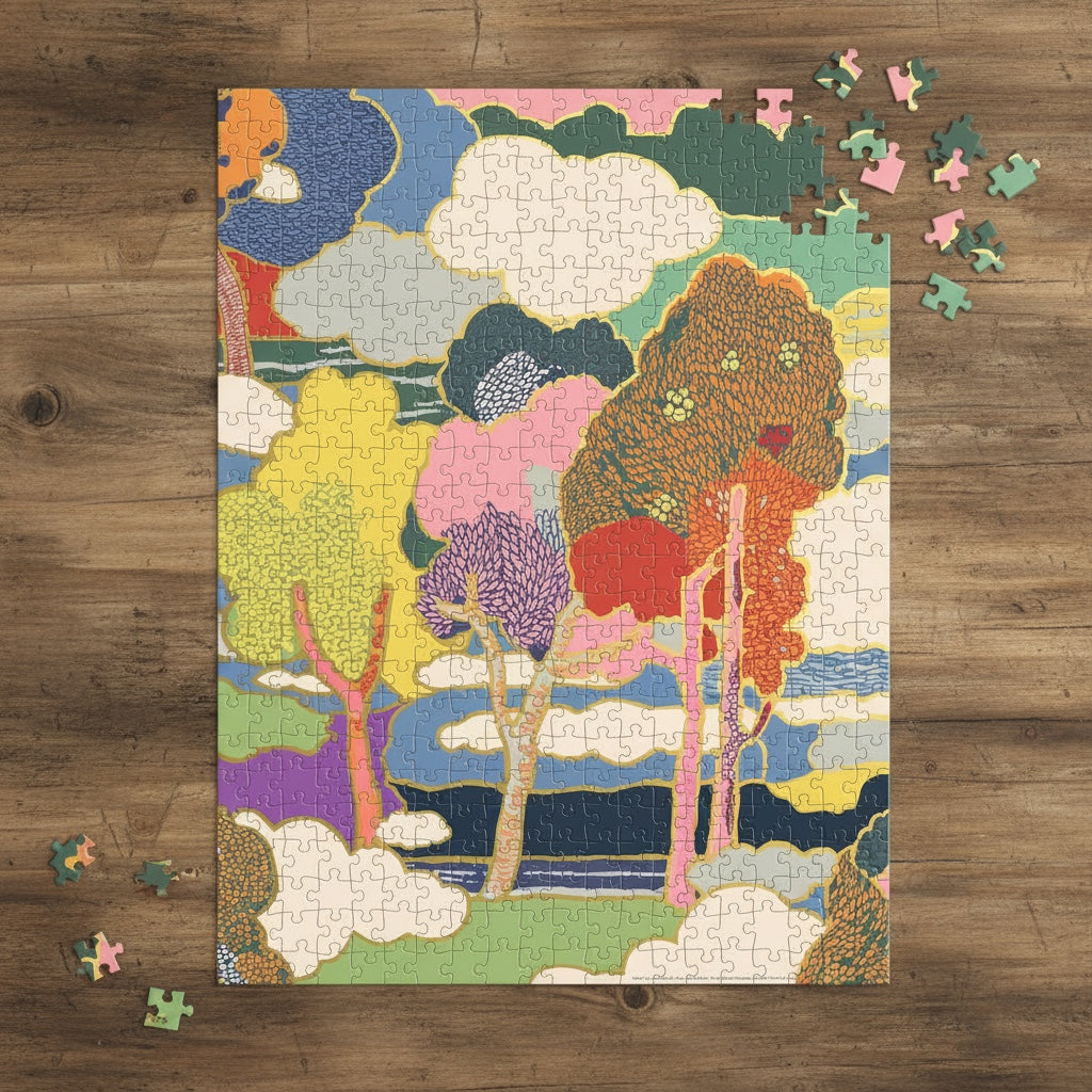 Patchwork with Busyfingers Liberty Prospect Road 500 piece puzzle featuring colourful trees and clouds. Paper puzzle.