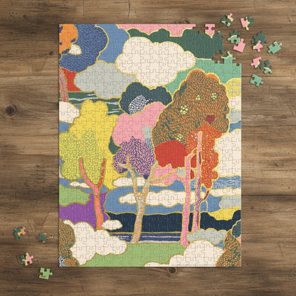 Patchwork with Busyfingers Liberty Prospect Road 500 piece puzzle featuring colourful trees and clouds. Paper puzzle.