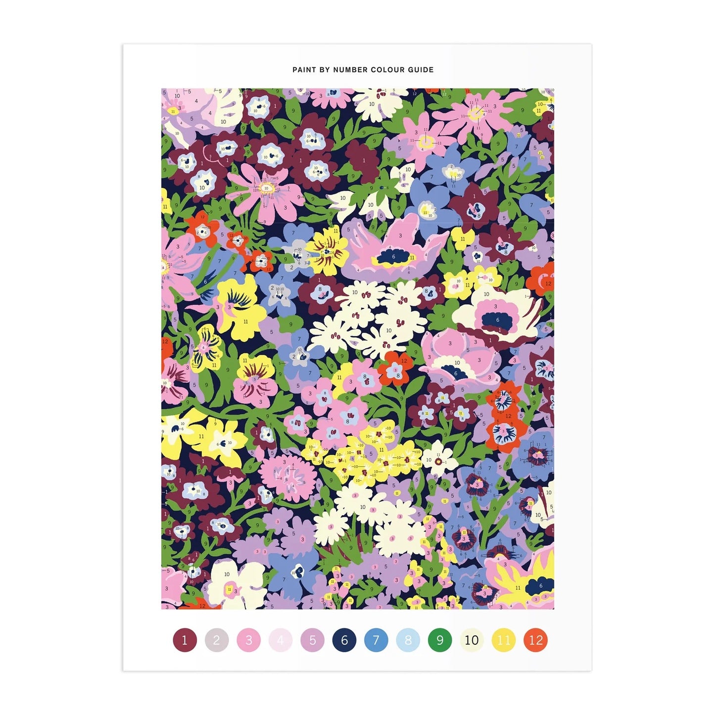 Patchwork with Busyfingers Liberty Thorpe paint by number kit featuring a dense floral pattern in pink, yellow, blue, and white on a navy background.