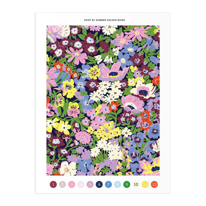 Patchwork with Busyfingers Liberty Thorpe paint by number kit featuring a dense floral pattern in pink, yellow, blue, and white on a navy background.