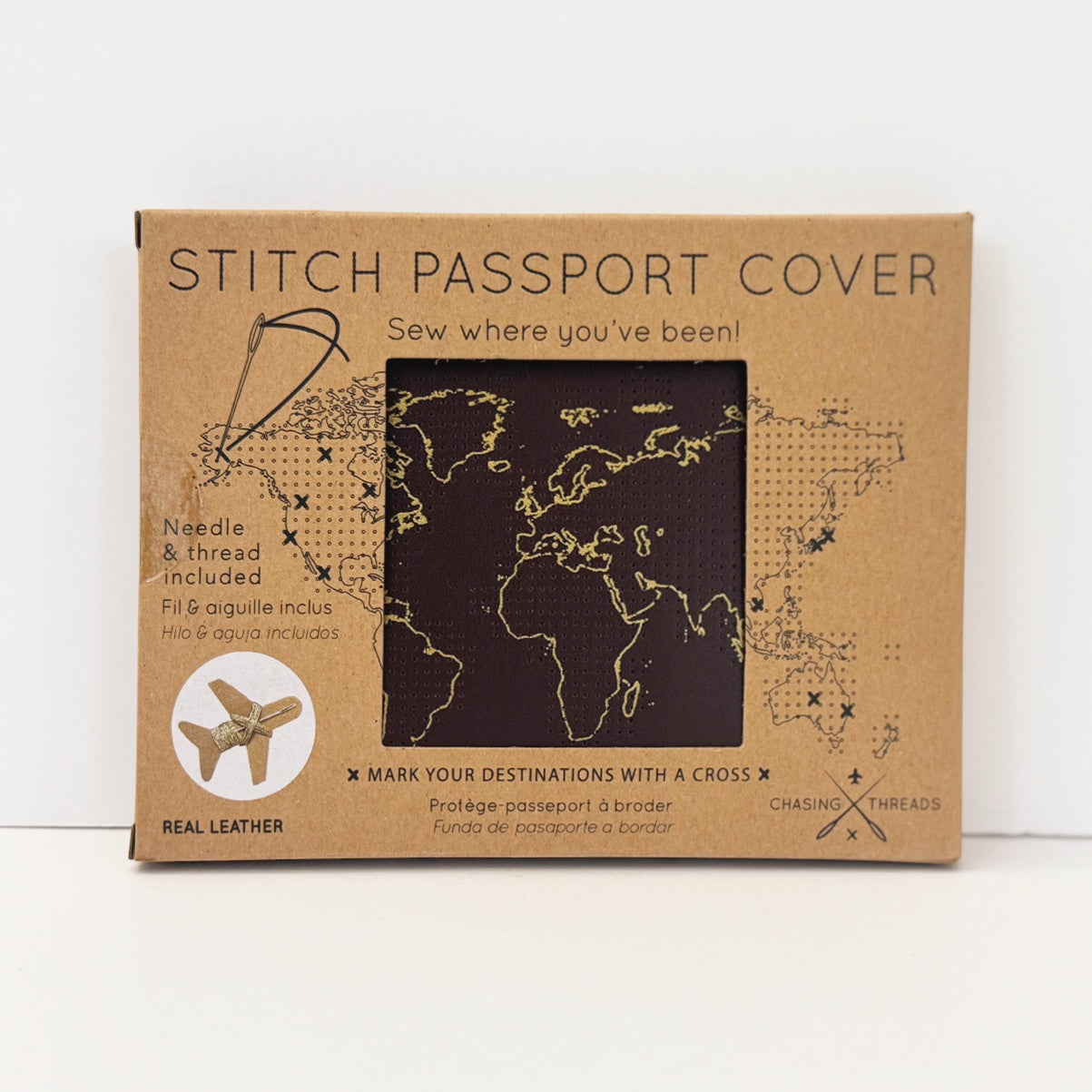 Patchwork with Busyfingers maroon leather passport cover kit with world map design, needle & thread included.