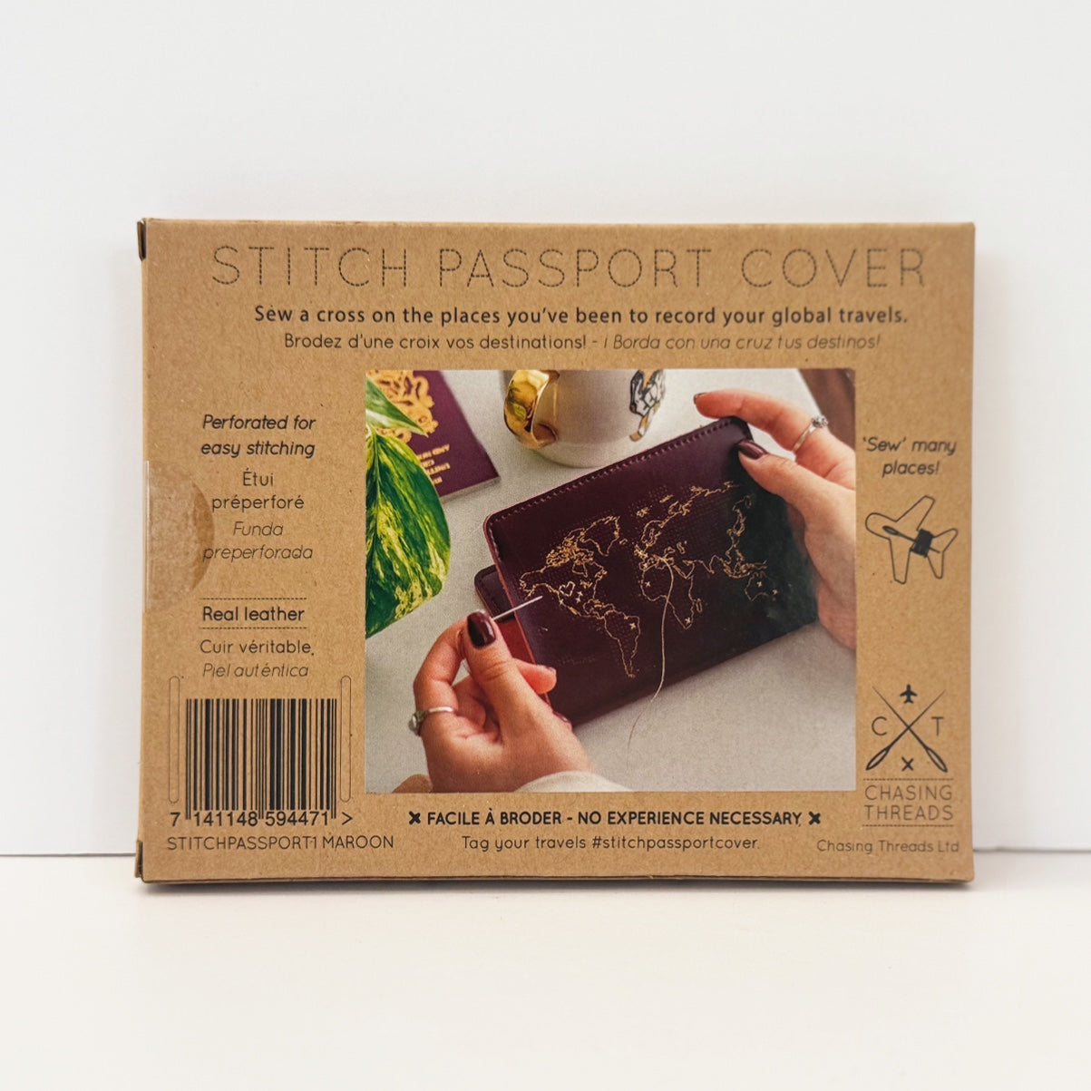 Patchwork with Busyfingers maroon leather passport cover kit with perforated world map design for easy stitching.