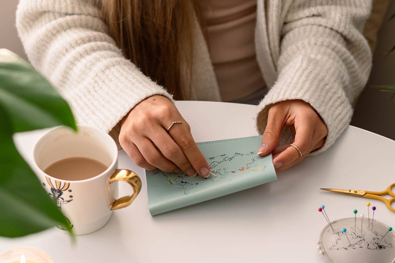 Patchwork with Busyfingers mint leather passport cover with debossed world map for embroidery. Travel kit.
