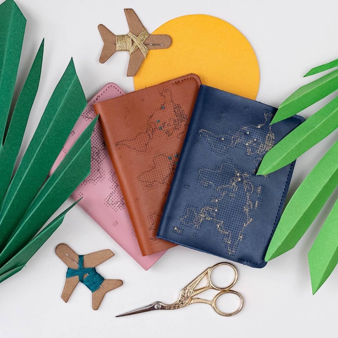 Patchwork with Busyfingers dusty pink leather passport cover with world map design and gold stitching kit.