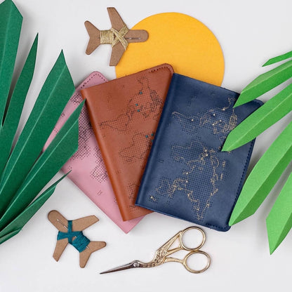 Patchwork with Busyfingers dusty pink leather passport cover with world map design and gold stitching kit.