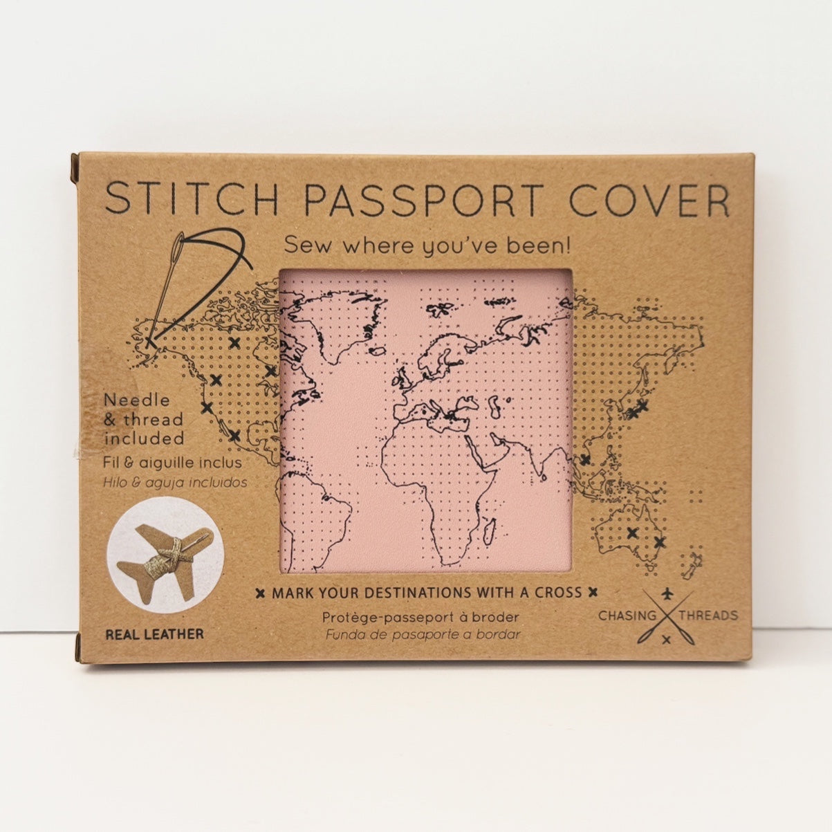 Patchwork with Busyfingers dusty pink leather passport cover kit with world map design, needle & thread included.