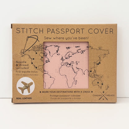 Patchwork with Busyfingers dusty pink leather passport cover kit with world map design, needle & thread included.