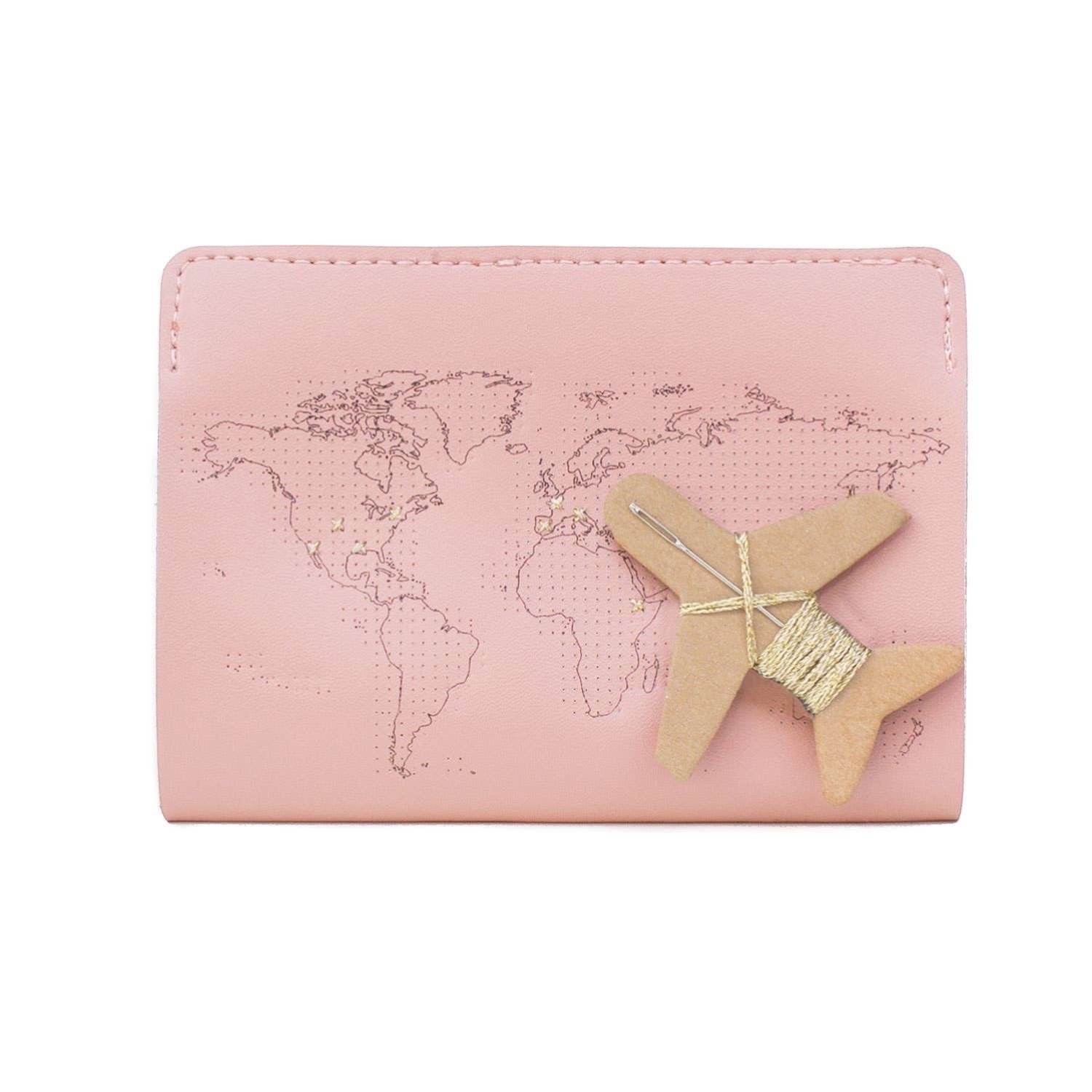 Patchwork with Busyfingers dusty pink leather passport cover with world map print and airplane needle kit.