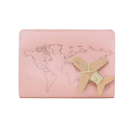 Patchwork with Busyfingers dusty pink leather passport cover with world map print and airplane needle kit.