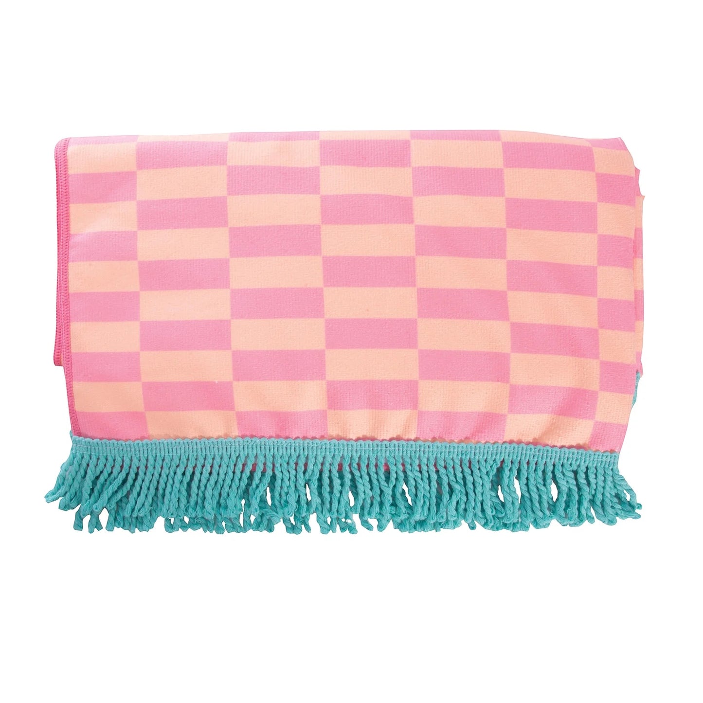 Patchwork with Busyfingers pink and peach checkered quick dry microfiber towel with teal tassels