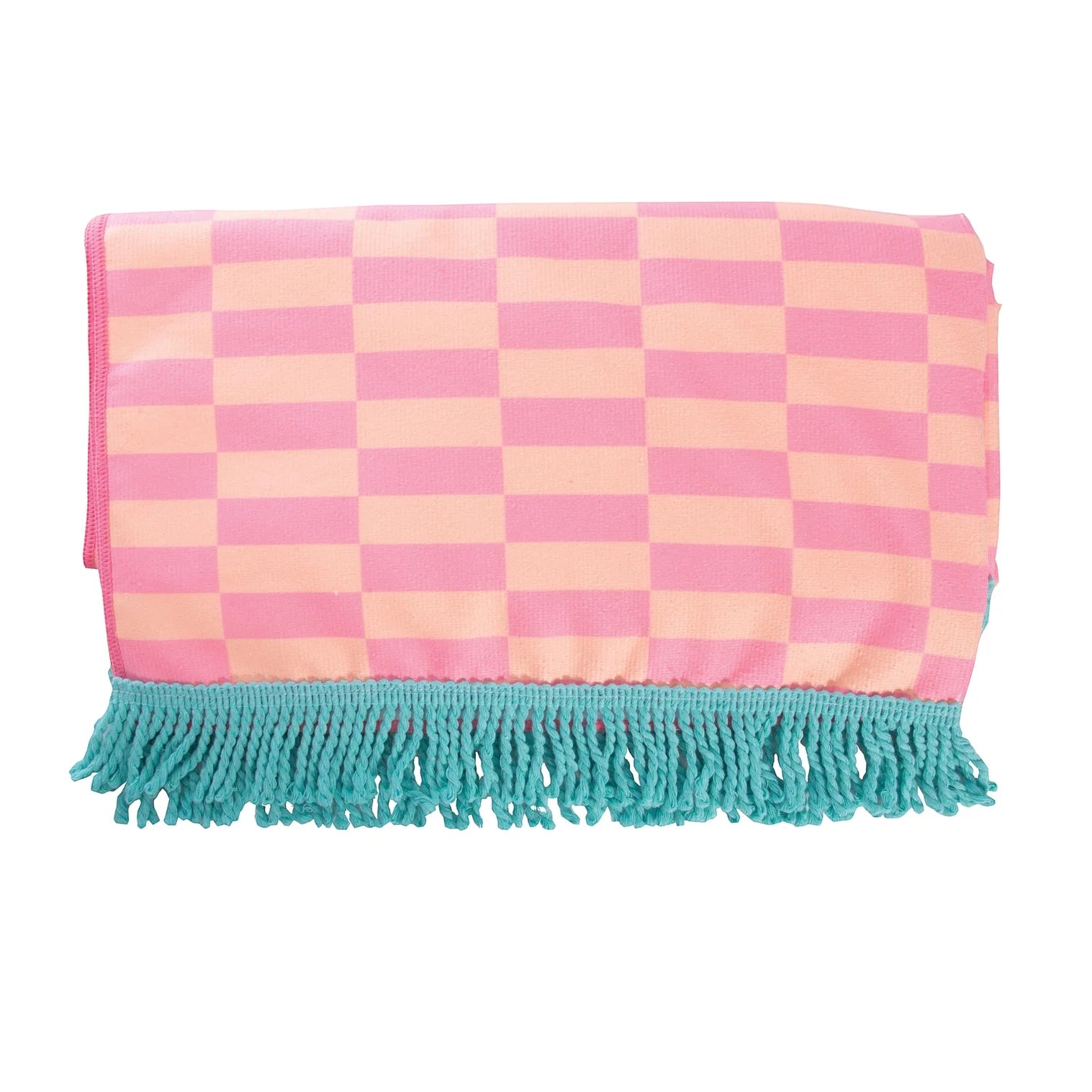 Patchwork with Busyfingers pink and peach checkered quick dry microfiber towel with teal tassels