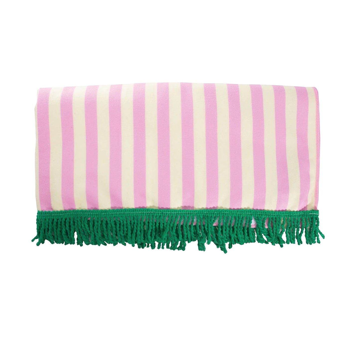 Patchwork with Busyfingers pink and cream striped quick dry polyester microfibre beach towel with green tassels.