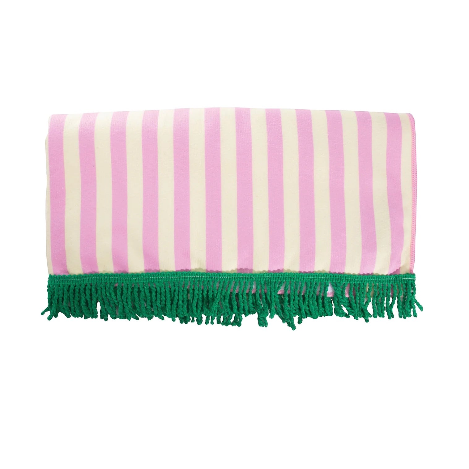 Patchwork with Busyfingers pink and cream striped quick dry polyester microfibre beach towel with green tassels.