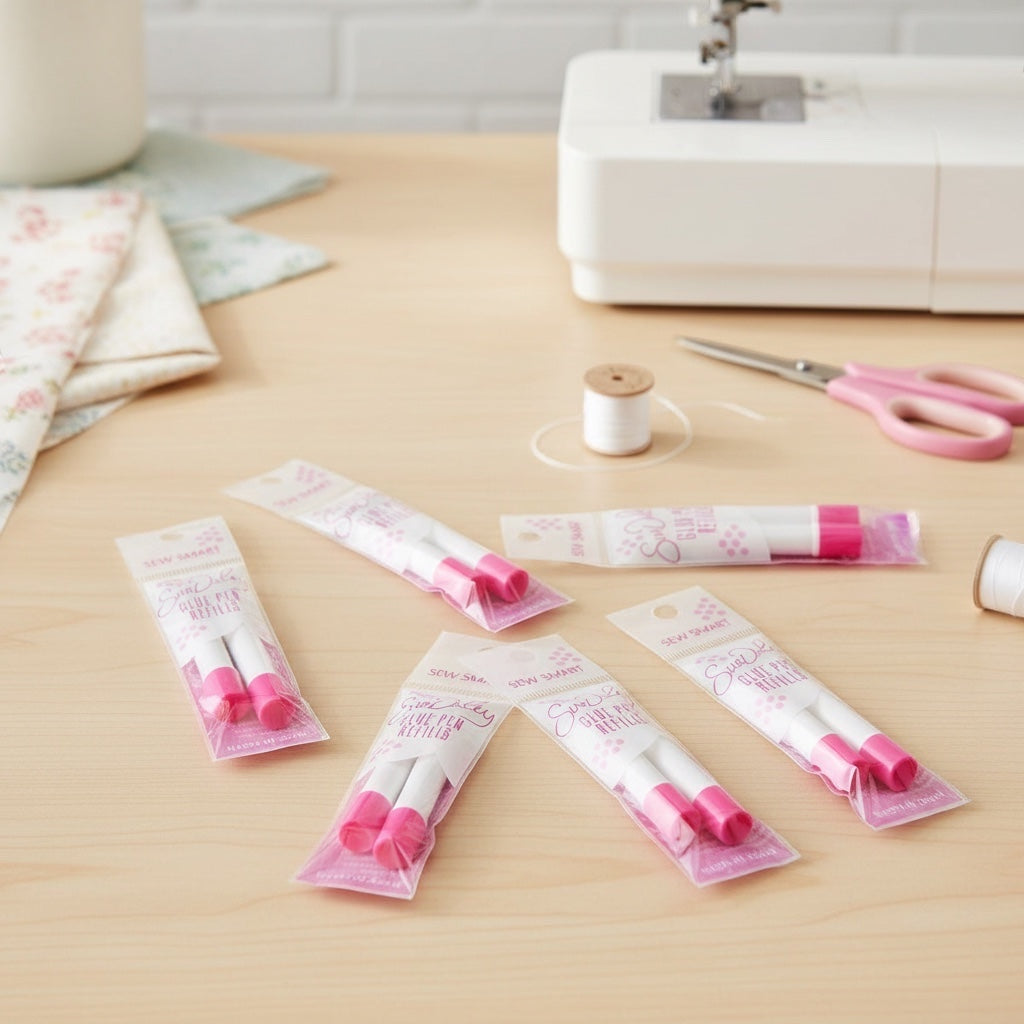 Patchwork with Busyfingers Sewline glue pen refills, pink water-soluble glue sticks for EPP, dries clear.