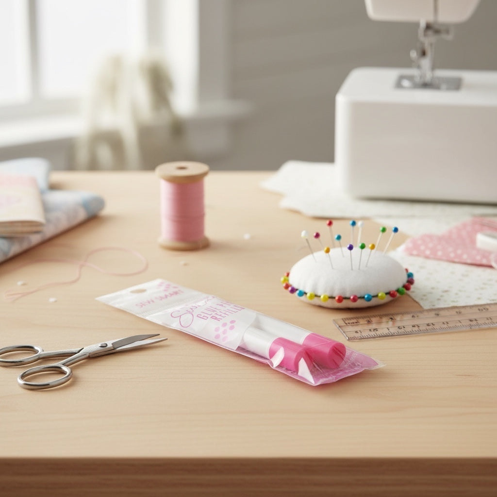 Patchwork with Busyfingers Sewline glue pen refills, pink water-soluble glue for fabric crafts, dries clear.