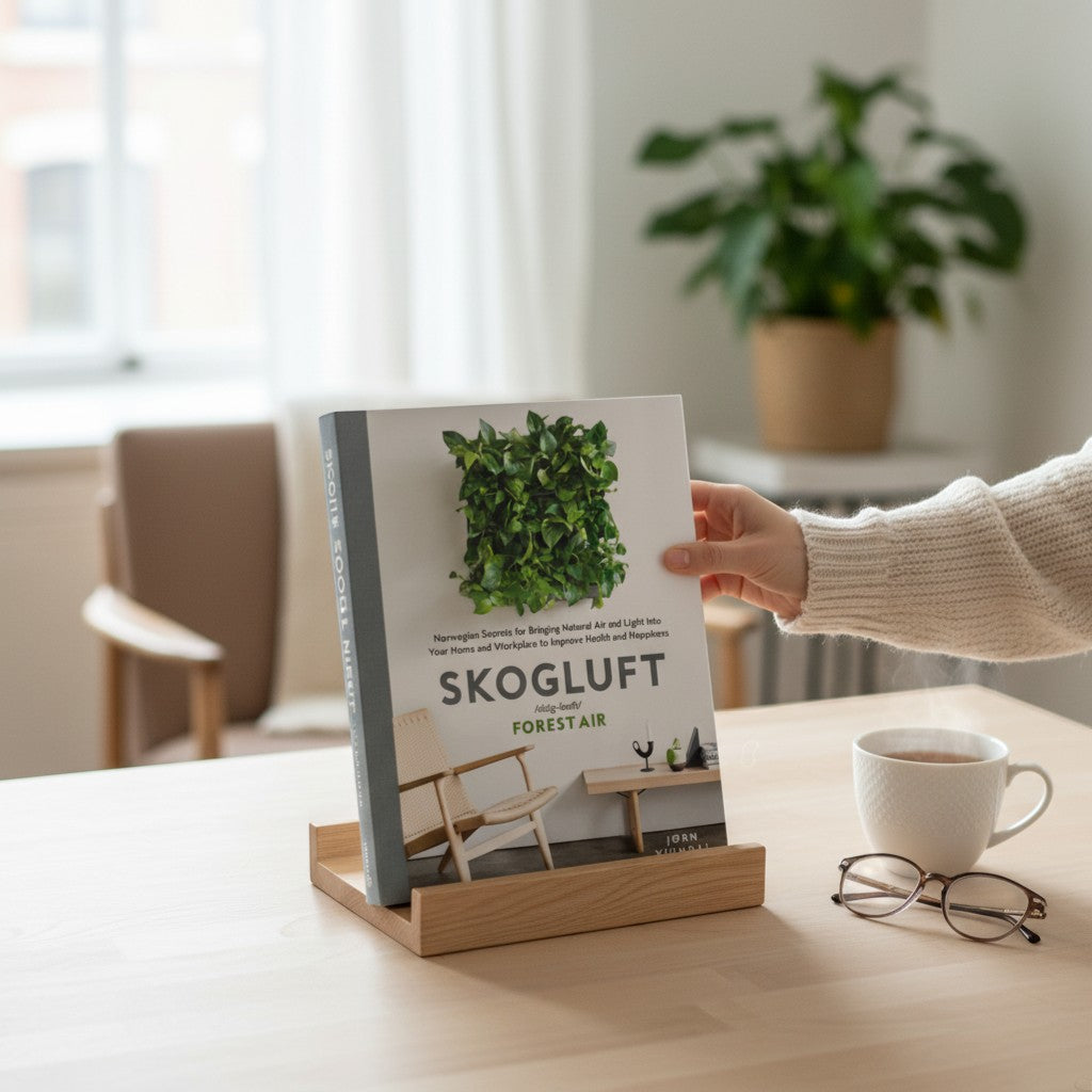Patchwork with Busyfingers Skogluft: Forest Air book cover featuring a vertical plant wall and minimalist furniture, promoting natural living.