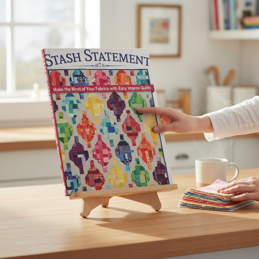 Patchwork with Busyfingers Stash Statement book by Kelly Young, featuring colorful improv quilt patterns and fabric scrap techniques.