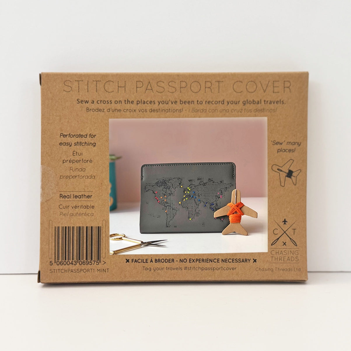 Patchwork with Busyfingers grey faux leather passport holder with perforated world map design for stitching and marking travels.
