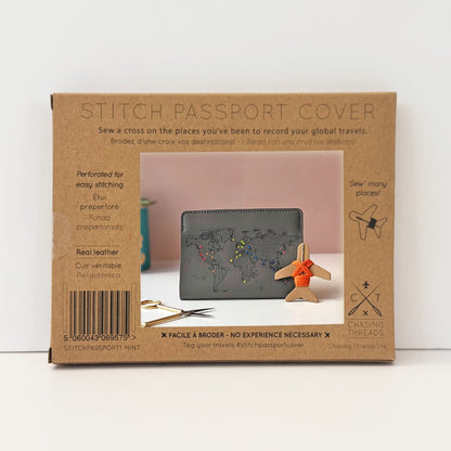 Patchwork with Busyfingers grey faux leather passport holder with perforated world map design for stitching and marking travels.