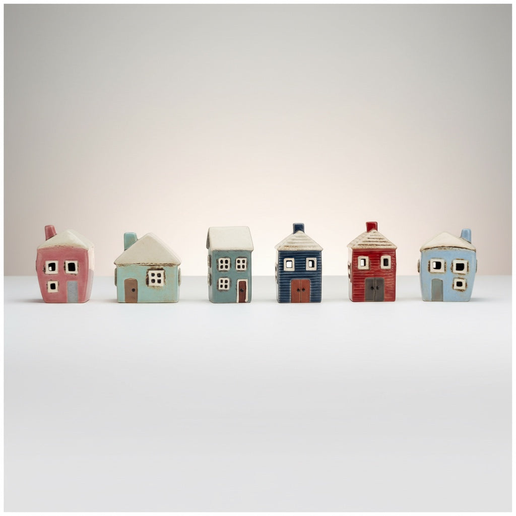 Patchwork with Busyfingers Grand Village Estate ceramic houses set in pink, blue, grey, and red. Hand-finished artisanal village decor.