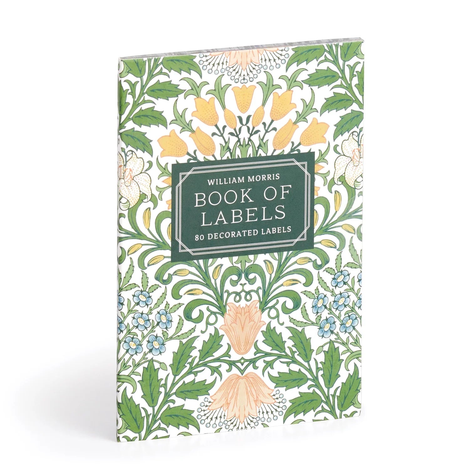 Patchwork with Busyfingers William Morris Book of Labels featuring floral artwork with yellow, blue, and peach flowers on a white background.