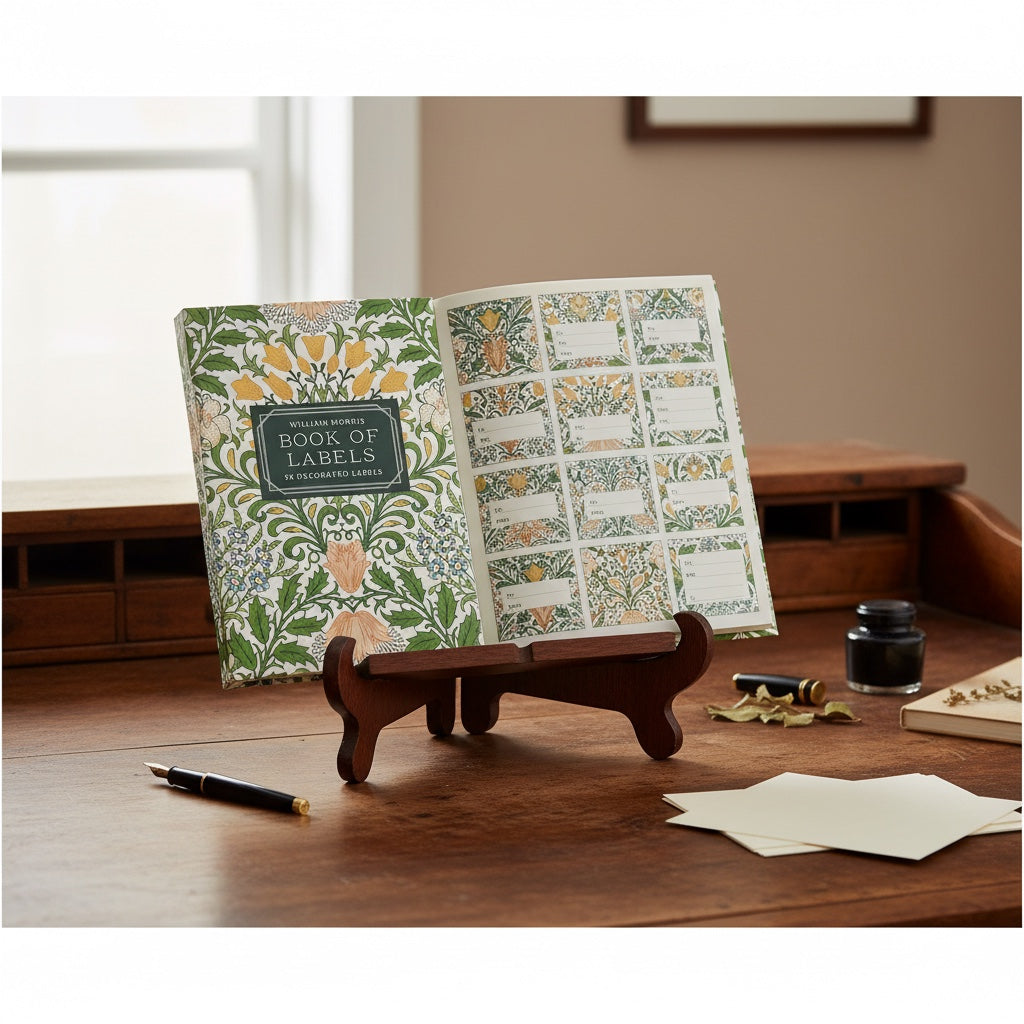 Patchwork with Busyfingers William Morris Book of Labels featuring floral artwork with yellow, peach, and blue flowers on a white background.