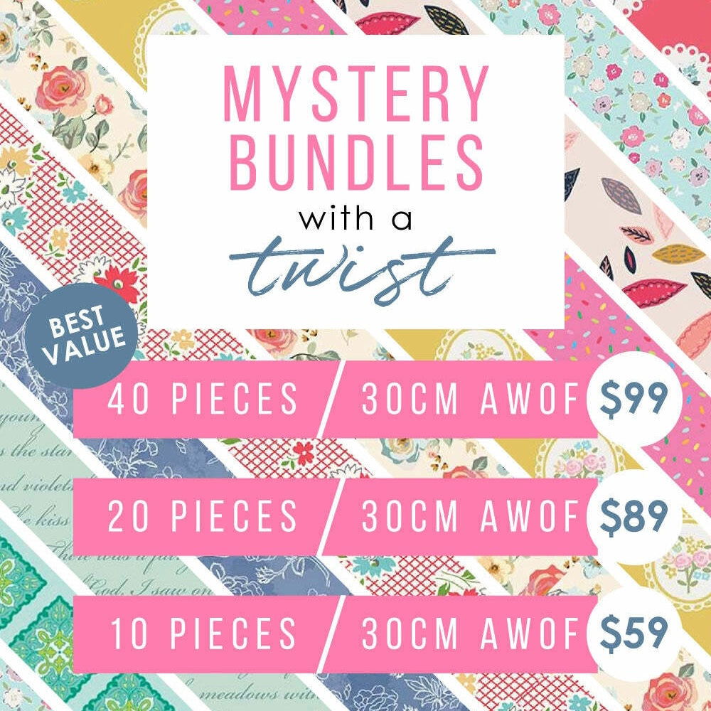 Promotional image for Mystery Bundles with a Twist, showcasing various colorful fabric prints and the text detailing bundle options and pricing.